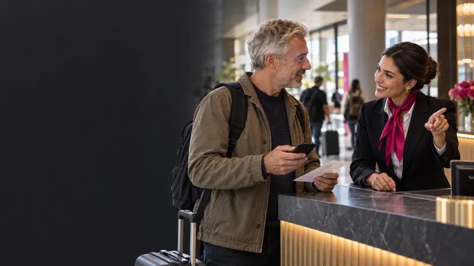 Formation – Italien voyage et mobilité : gagner en autonomie face au réel – Présentation Voyageur demandant une information en italien dans un terminal contemporain.