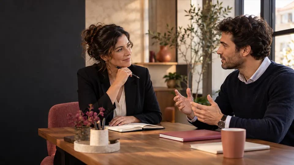Formation – Cours d’italien : parler pour agir dans vos situations réelles – Présentation Formatrice et adulte échangeant en italien dans un espace contemporain.