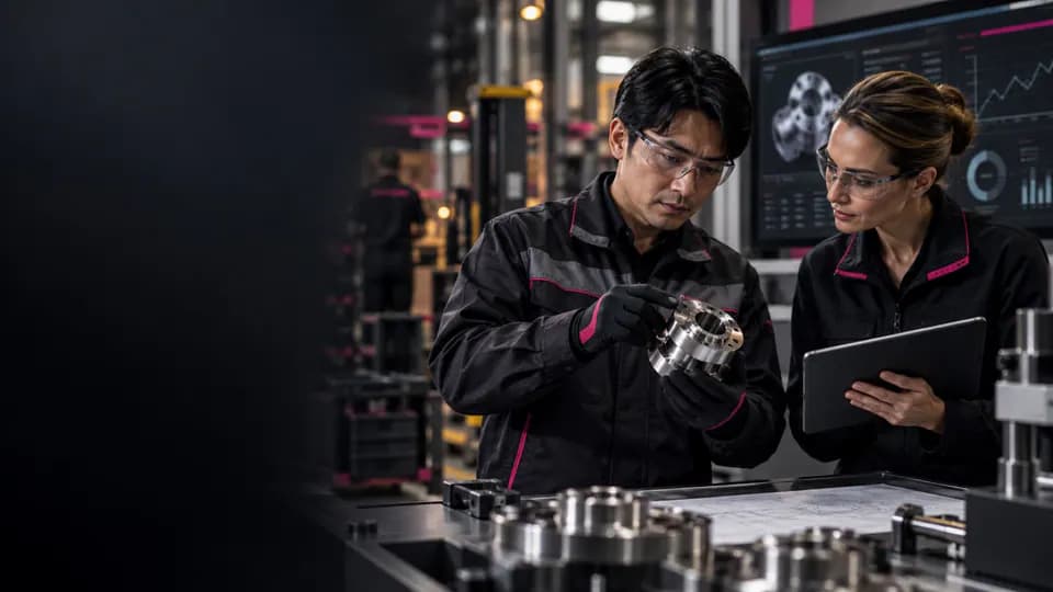 Formation – Japonais industrie : décrire les faits, sécuriser les données, agir – Présentation Techniciens examinant une pièce et des données qualité dans un contexte franco-japonais.