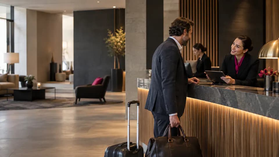 Formation – Portugais accueil et tourisme : rendre chaque étape du service compréhensible – Présentation Professionnelle accueillant un client lusophone dans un hôtel.