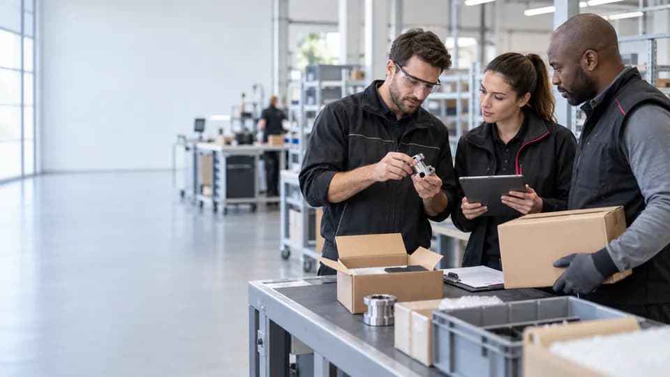 Formation – Portugais industrie et logistique : vérifier les données avant d’agir – Présentation Équipe qualité et logistique vérifiant une pièce et des données de production.