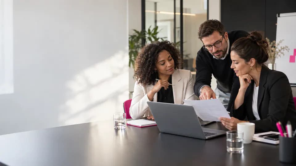Formation – Portugais professionnel : rendre les équipes autonomes sur leurs tâches – Présentation Équipe étudiant un document professionnel pendant une formation de portugais.