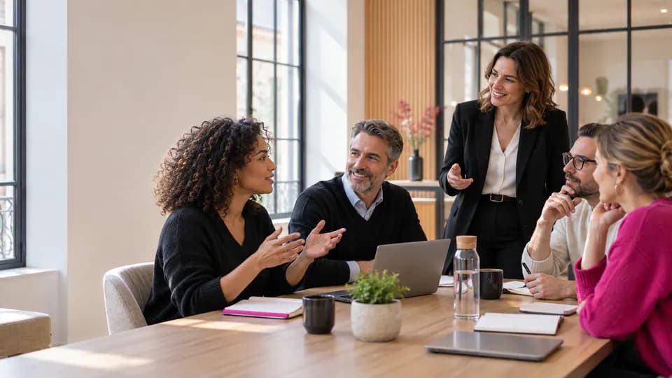 Formation – Formation portugais : communiquer avec justesse au Portugal, au Brésil et dans la lusophonie – Présentation Groupe d’adultes échangeant pendant une formation de portugais.