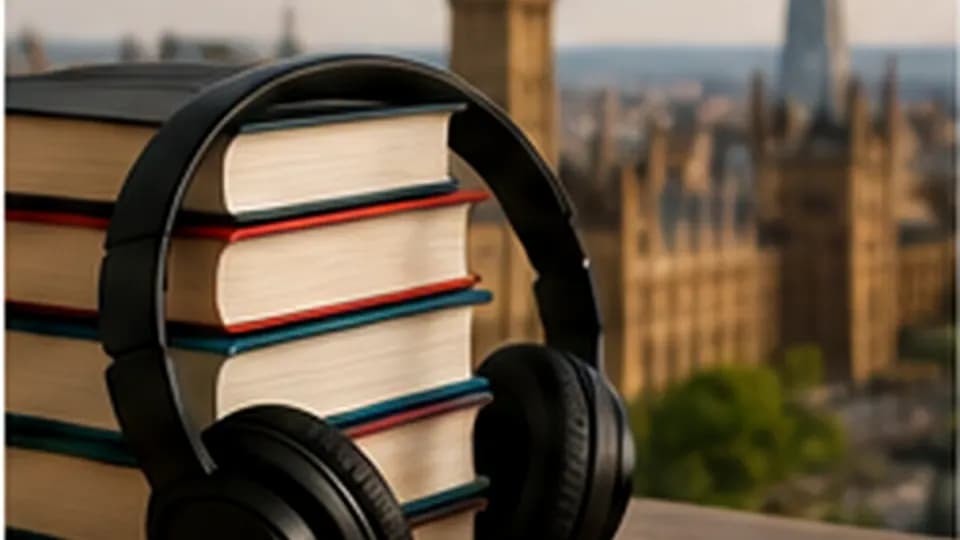 Formation – Formation préparation IELTS : progresser avec une stratégie par compétence – Présentation Pile de livres et casque audio devant Big Ben pour symboliser la préparation d’un examen d’anglais.
