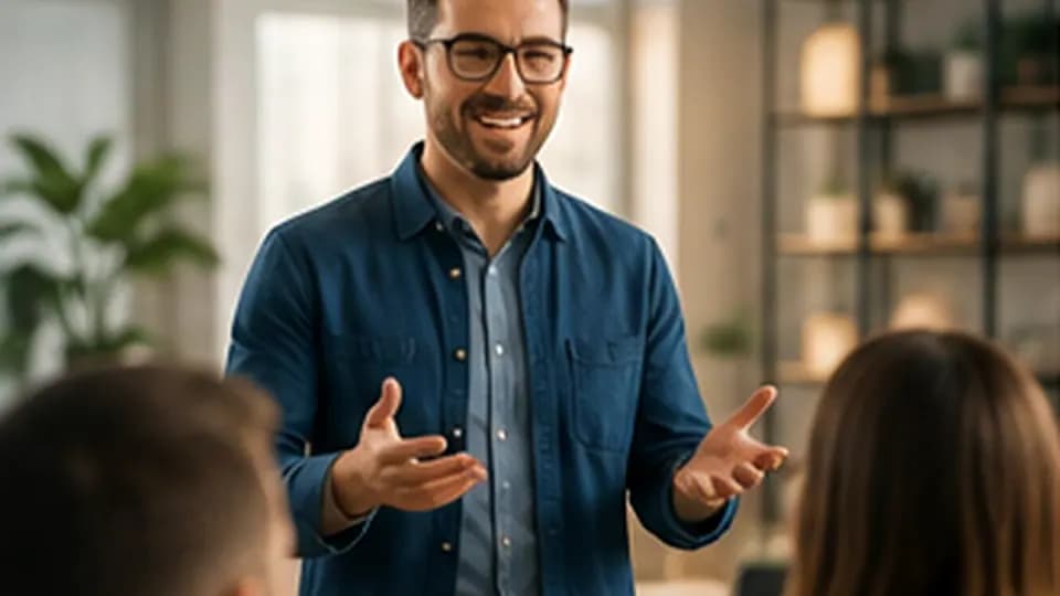 Formation – Formation manager pour la première fois : prendre sa place et installer un cadre utile – Présentation Manager debout échangeant avec plusieurs collaborateurs assis en formation.