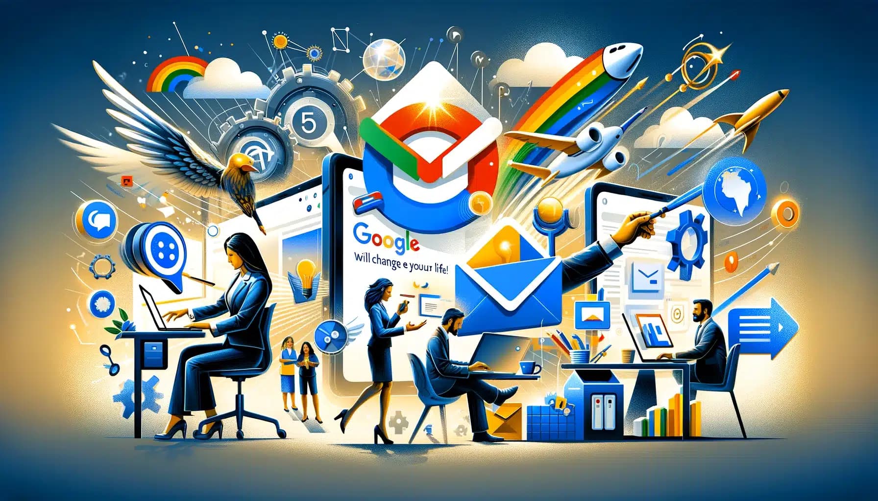 Article – 5 Raisons Pour Lesquelles Google Workspace Va Changer Votre Vie Professionnelle ! – Présentation Cette image dynamique met en vedette une variété de professionnels intégrant Google Workspace dans leur routine quotidienne. Les éléments tels que Gmail, Google Docs, Google Sheets et Google Meet sont illustrés symboliquement, représentant l'efficacité, la collaboration et l'innovation. Les couleurs vives et les éléments de design suggestifs transmettent l'idée d'un environnement de travail transformateur et futuriste, soulignant le potentiel de croissance et de connectivité professionnelle grâce à Google Workspace.