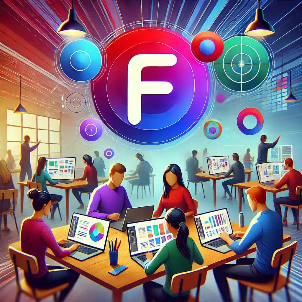 Formation – Figma : Maîtrisez le Design UI/UX (à distance / à Strasbourg) – Présentation Illustration d'un groupe de designers collaborant sur des ordinateurs portables, avec des écrans affichant des interfaces utilisateur créées dans Figma. Le logo Figma est mis en évidence au centre pour symboliser la créativité et l'innovation dans le design.