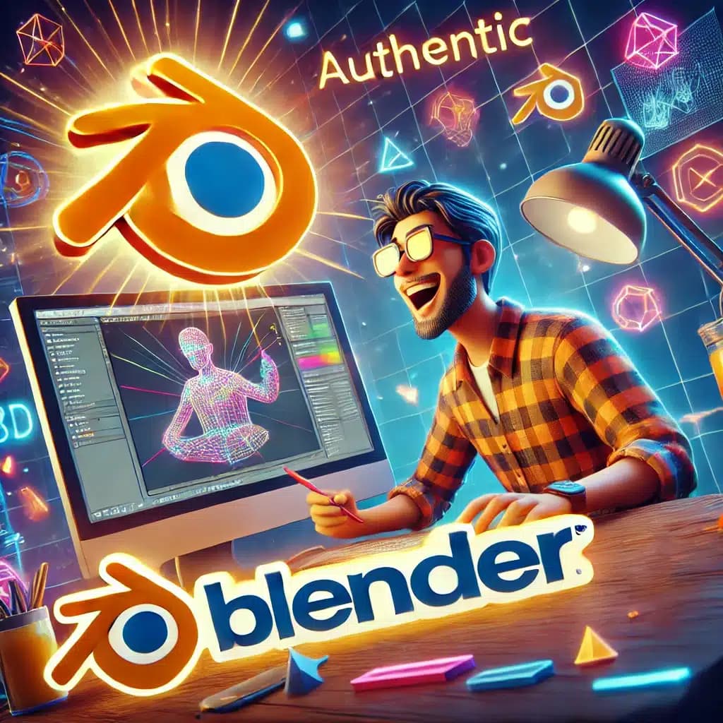 Formation – Blender : Maîtrisez la Création 3D et Développez Votre Imagination – Présentation Un artiste 3D utilisant Blender, entouré d'éléments créatifs et du logo Blender. Rejoignez notre formation pour maîtriser la création 3D, de la modélisation à l'animation.