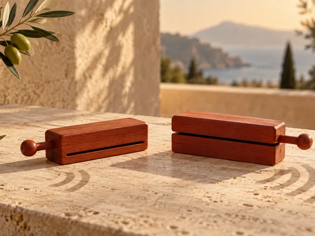 Nature morte générée : deux instruments de percussion en bois, l’un simple et l’autre redoublé, projettent des ombres en forme d’ondes sonores sur une table en pierre.
