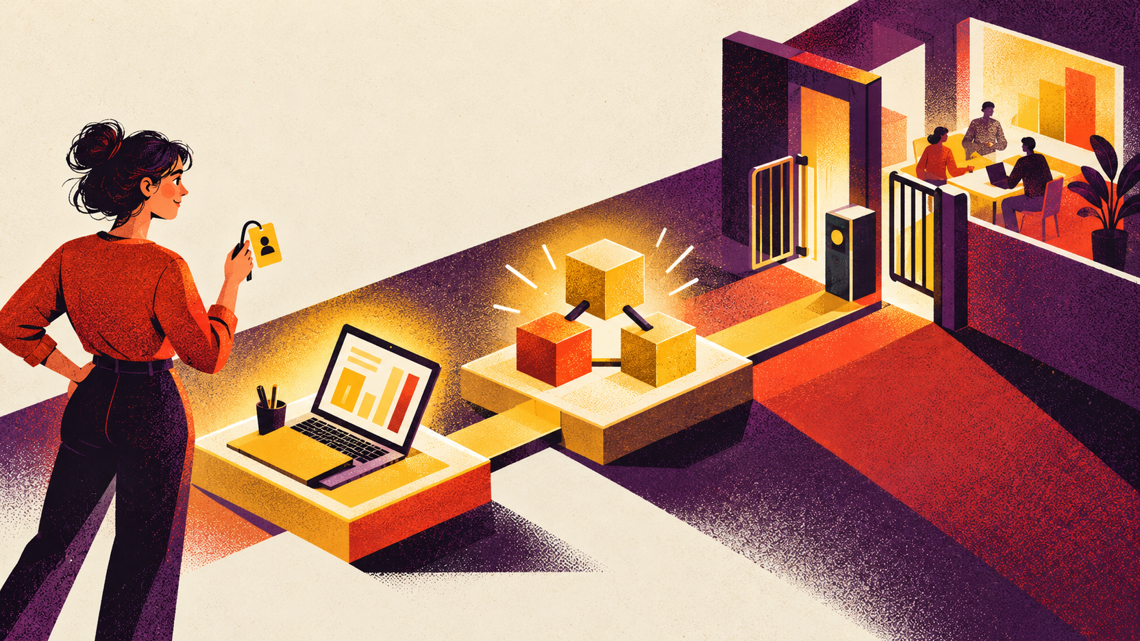Illustration sérigraphiée d’une responsable tenant un badge devant un poste local, un modèle relié et une porte contrôlée vers un espace Power BI partagé.