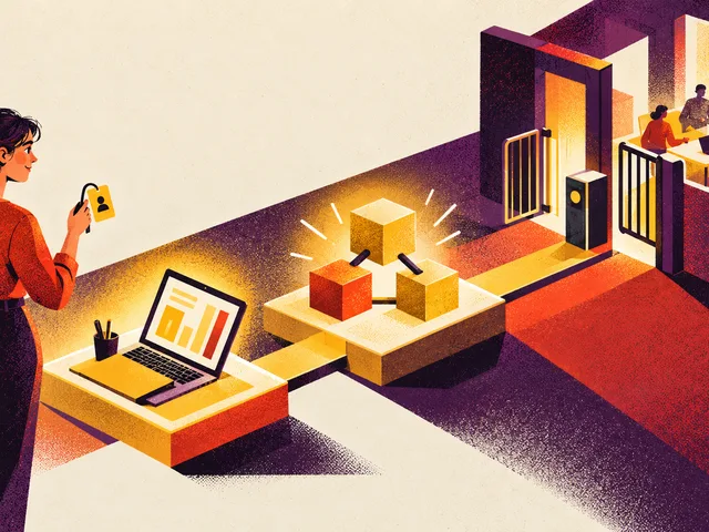 Illustration sérigraphiée d’une responsable tenant un badge devant un poste local, un modèle relié et une porte contrôlée vers un espace Power BI partagé.