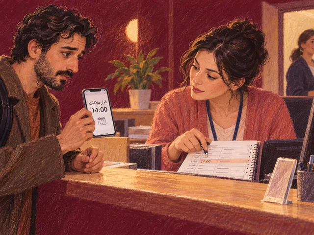 Illustration au pastel d’un visiteur montrant sur son téléphone un rendez-vous en persan à 14 h tandis qu’une agente d’accueil vérifie l’horaire dans un agenda avant de l’orienter.