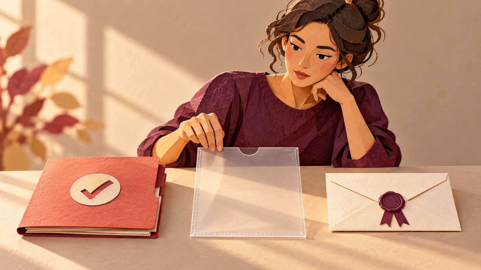 Illustration en papier découpé d’une apprenante devant un dossier validé, une pochette d’inscription vide et une convocation scellée.