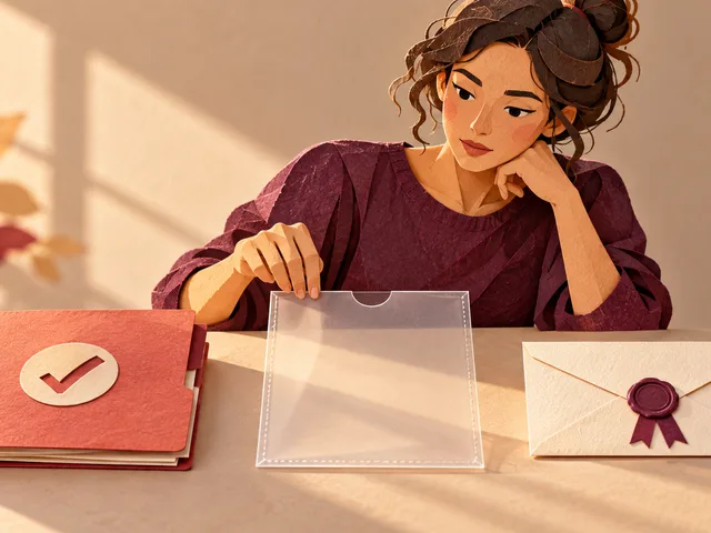 Illustration en papier découpé d’une apprenante devant un dossier validé, une pochette d’inscription vide et une convocation scellée.