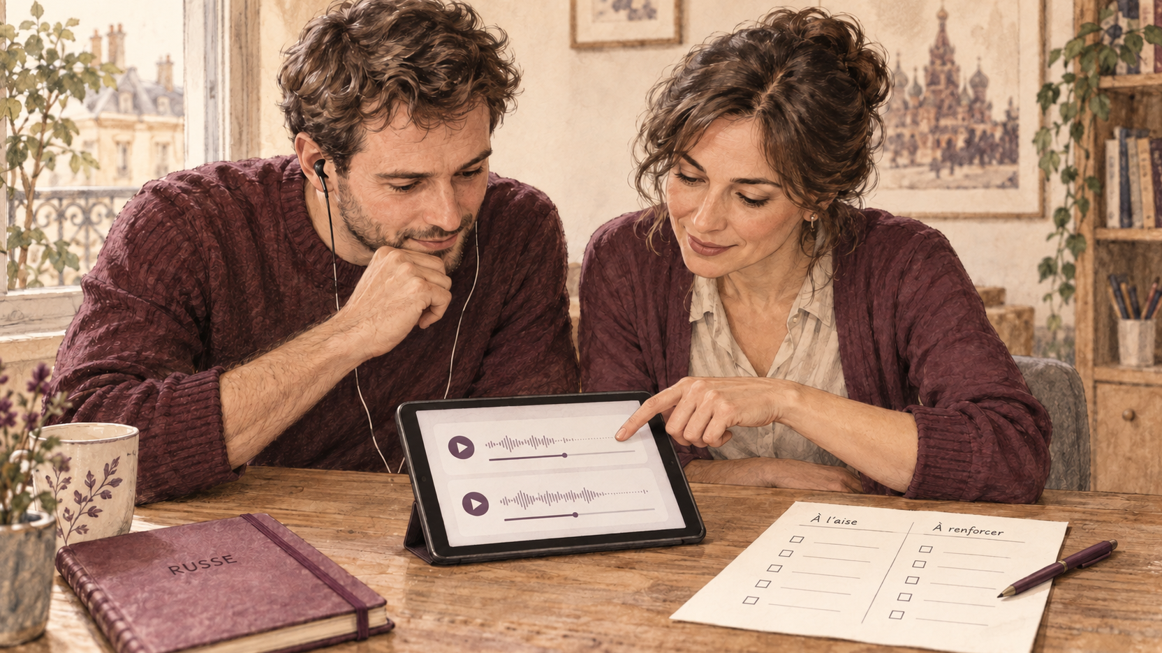 Illustration générée d’un apprenant et d’une formatrice réécoutant deux prises audio sur une tablette, à côté d’une feuille de bilan et d’un carnet de russe.