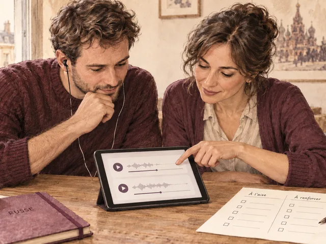 Illustration générée d’un apprenant et d’une formatrice réécoutant deux prises audio sur une tablette, à côté d’une feuille de bilan et d’un carnet de russe.