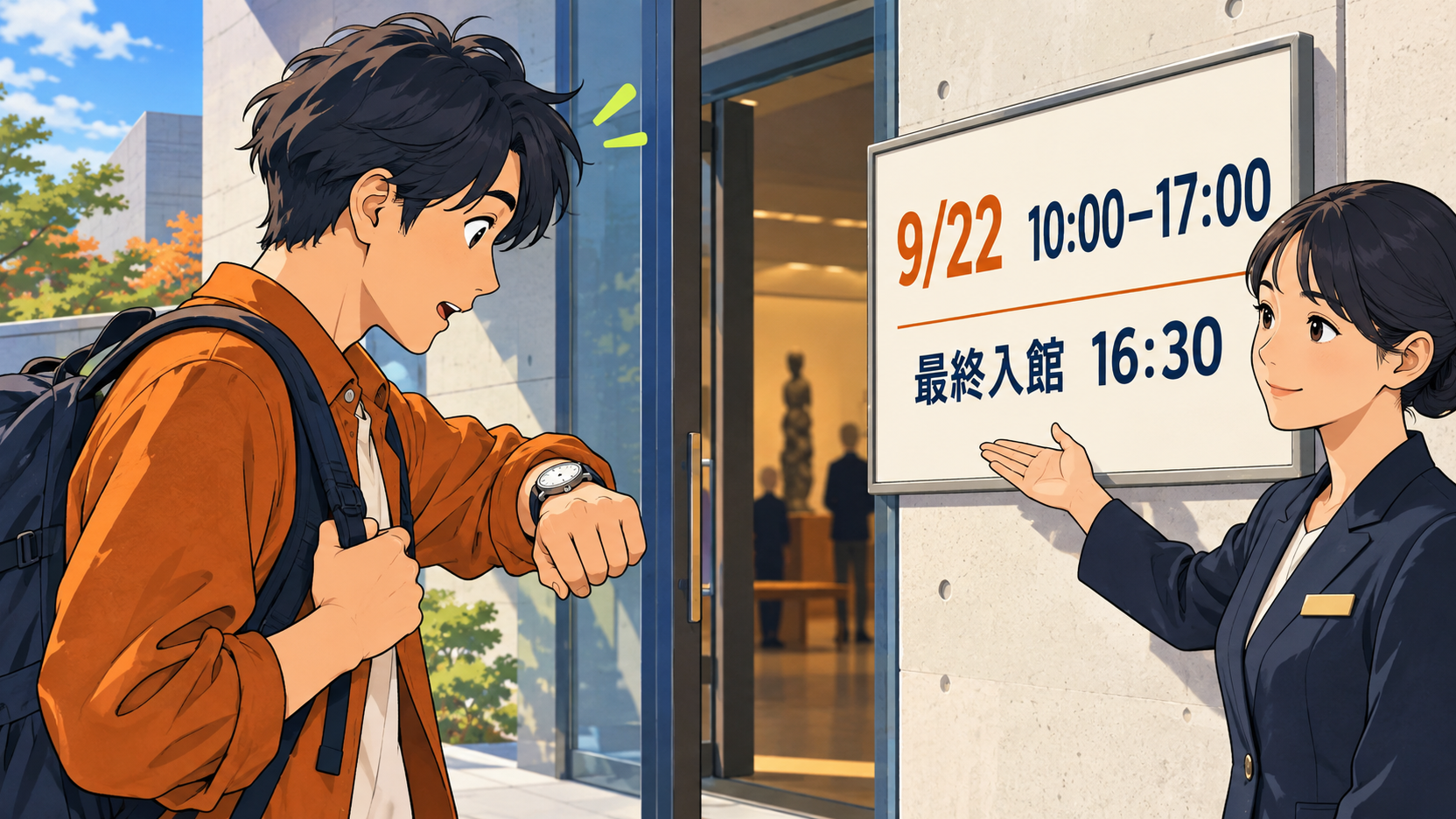 Illustration dessinée : devant un musée japonais, un voyageur inquiet consulte sa montre tandis qu'une agente lui montre l'avis du 22 septembre, ouvert de 10 h à 17 h avec dernière entrée à 16 h 30.