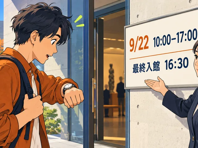 Illustration dessinée : devant un musée japonais, un voyageur inquiet consulte sa montre tandis qu'une agente lui montre l'avis du 22 septembre, ouvert de 10 h à 17 h avec dernière entrée à 16 h 30.