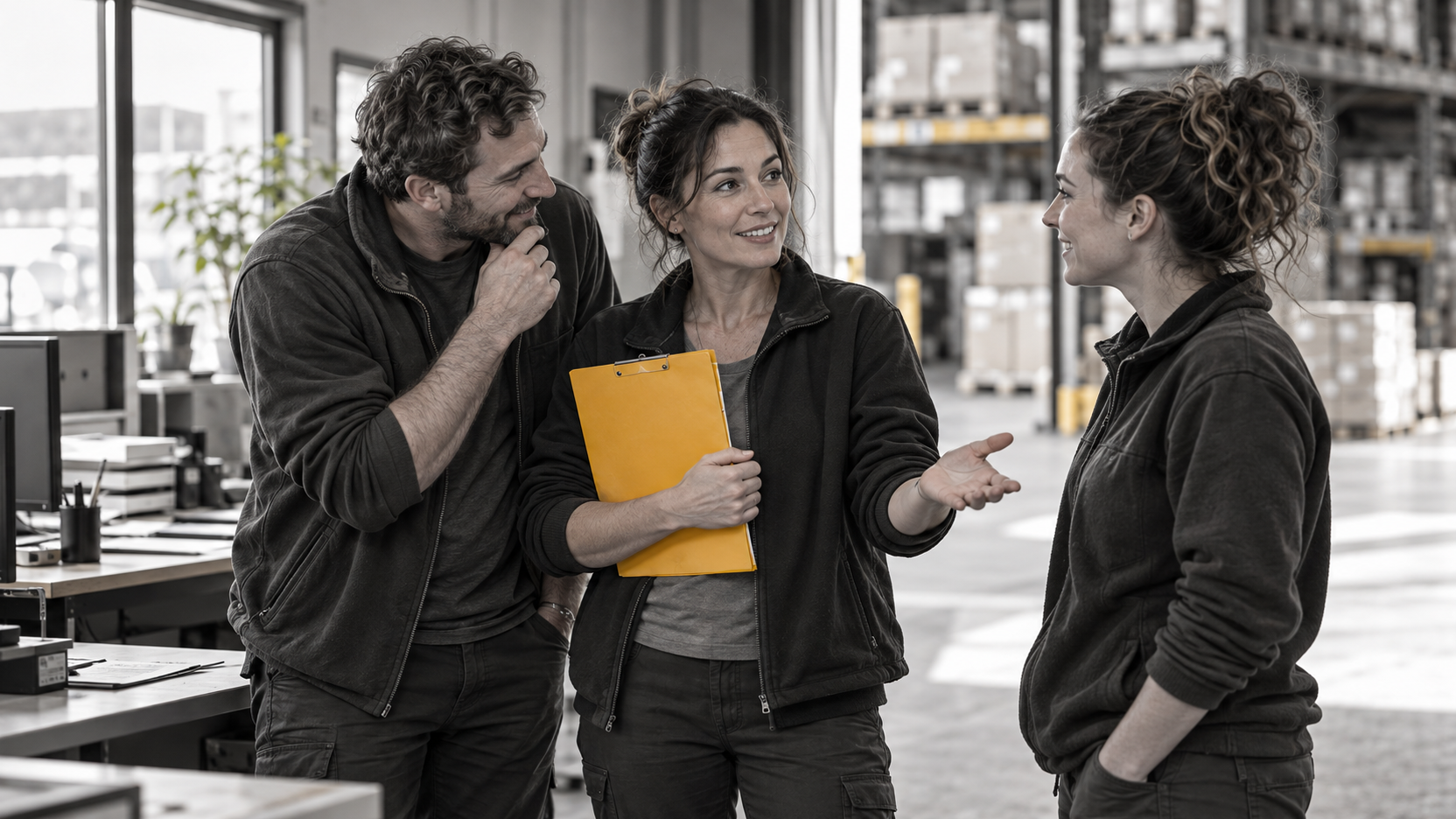 Scène illustrative : une responsable, proche d’un collègue à sa gauche, ouvre la discussion vers une autre collègue par un geste accueillant.