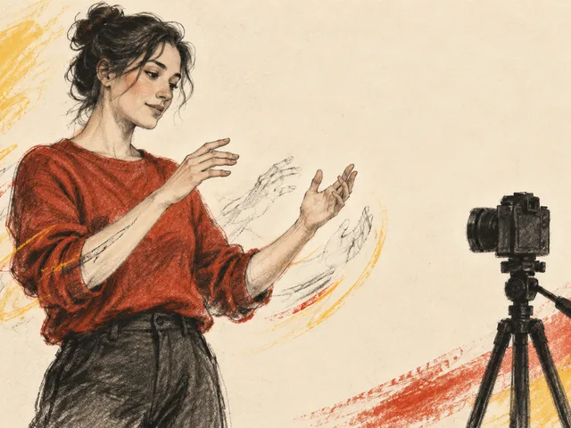 Illustration générée au fusain et pastel : une femme se filme sur trépied en répétant une séquence, avec trois traces légères du mouvement de ses mains.