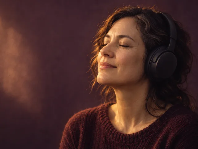 Portrait généré d’une femme adulte aux yeux fermés, portant un casque audio, éclairée d’une lumière ambrée sur un fond aubergine.