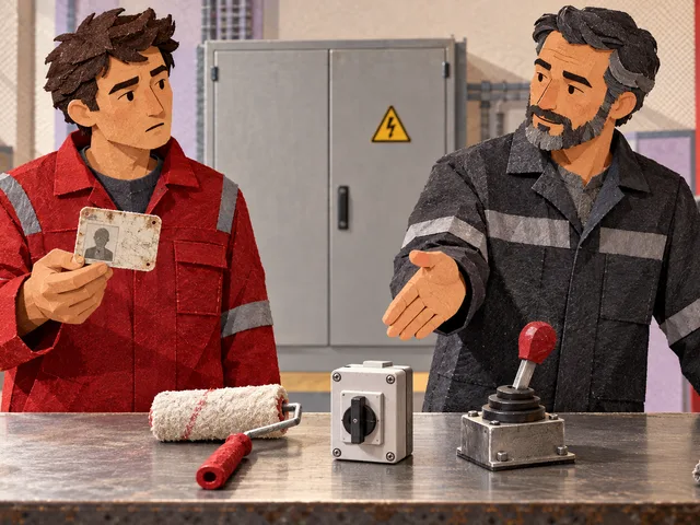 Illustration en photomontage de deux professionnels comparant un ancien badge à trois tâches concrètes devant une armoire électrique fermée.
