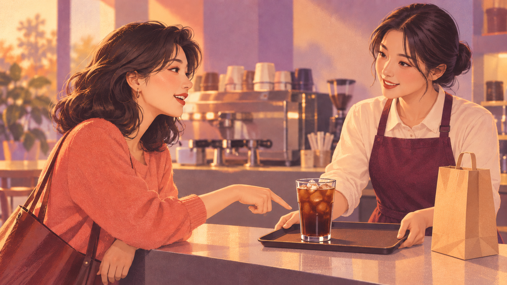 Illustration générée à l’aérographe rétro : au comptoir d’un café, une apprenante attentive désigne le plateau avec une boisson glacée tandis que le personnel lui présente aussi l’option du sac à emporter.