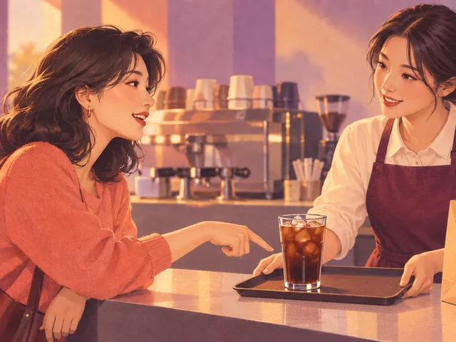 Illustration générée à l’aérographe rétro : au comptoir d’un café, une apprenante attentive désigne le plateau avec une boisson glacée tandis que le personnel lui présente aussi l’option du sac à emporter.