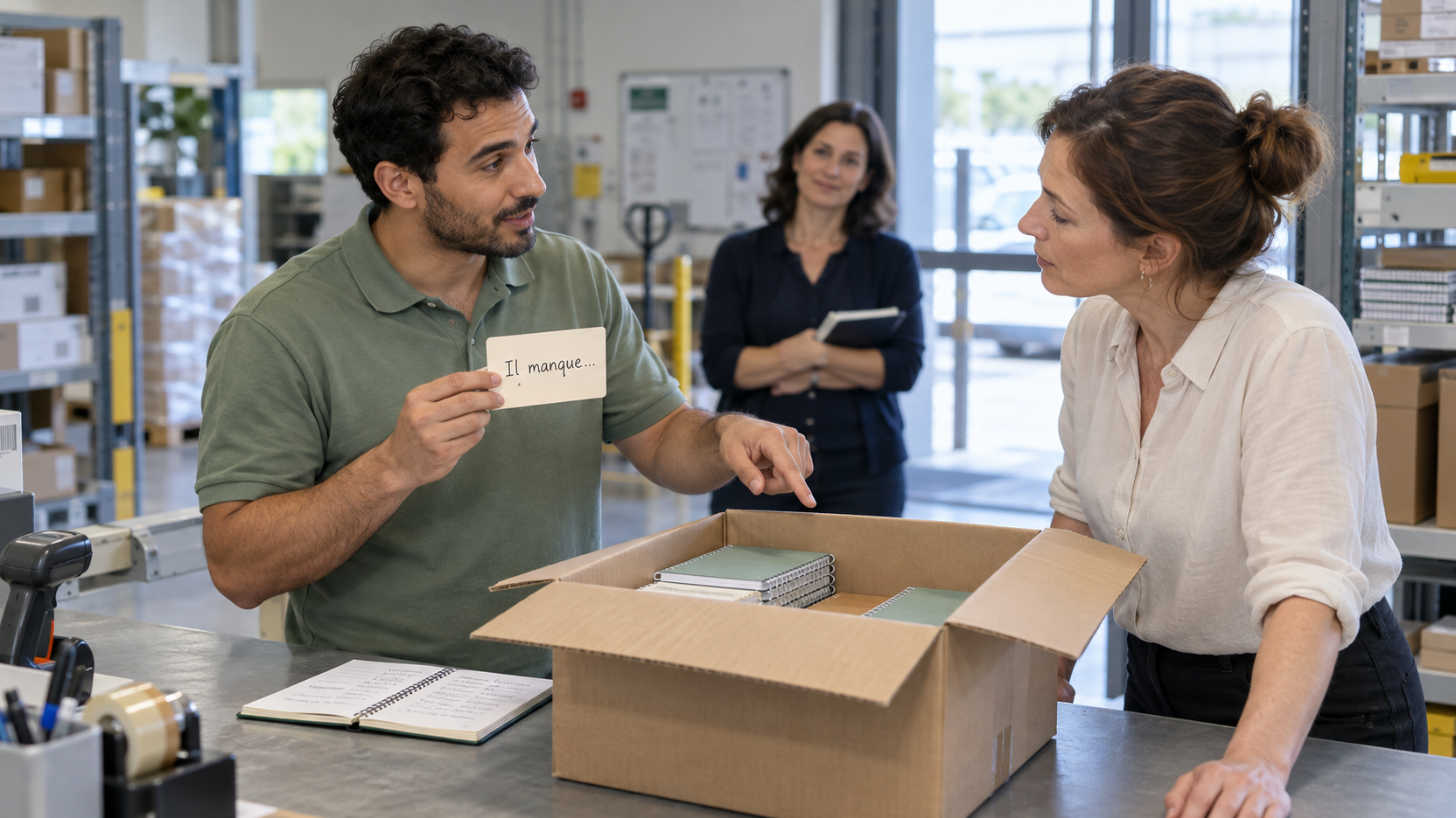 Scène illustrative générée : un salarié signale un écart dans une livraison avec une carte « Il manque… », tandis qu’une collègue l’écoute et qu’une formatrice observe en retrait.