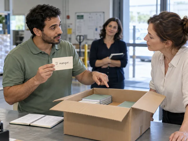 Scène illustrative générée : un salarié signale un écart dans une livraison avec une carte « Il manque… », tandis qu’une collègue l’écoute et qu’une formatrice observe en retrait.