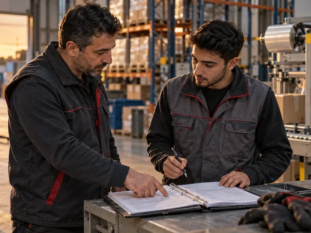 Image générée : deux collègues effectuent une relève d’équipe autour d’un classeur, devant une ligne d’emballage dans un atelier logistique.