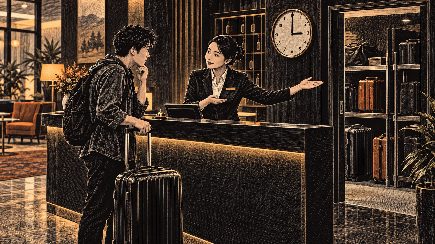 Illustration générée au scratchboard d’un réceptionniste montrant la bagagerie à un voyageur dont la chambre n’est pas encore prête.