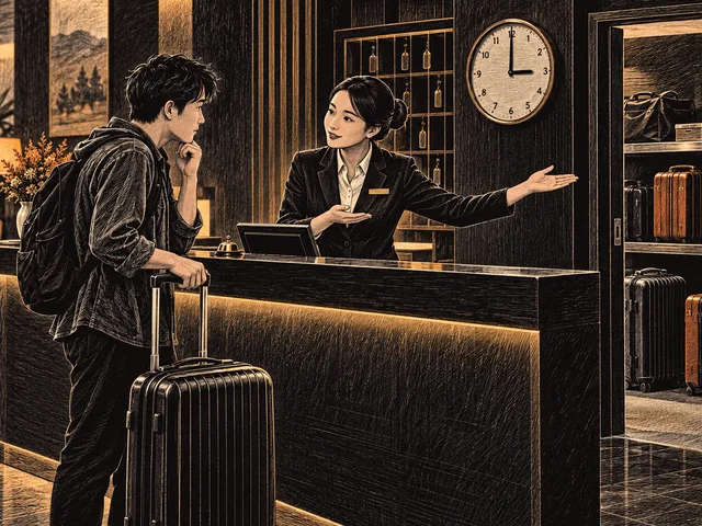 Illustration générée au scratchboard d’un réceptionniste montrant la bagagerie à un voyageur dont la chambre n’est pas encore prête.