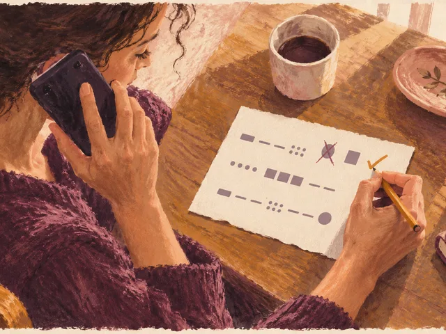 Illustration générée en monotype d’une personne au téléphone corrigeant une marque ambiguë puis cochant une fiche de coordonnées avant de raccrocher.