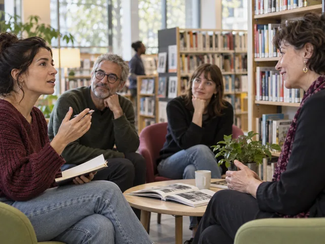 Illustration générée : une adulte apprenant le français pose une question pendant une discussion en petit groupe dans une médiathèque, carnet à la main.