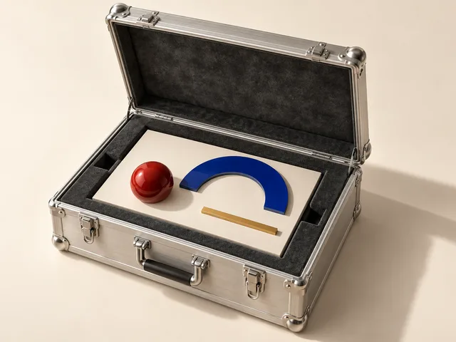 Illustration conceptuelle générée par IA : une mallette métallique ouverte protège une composition rectangulaire ivoire avec une sphère rouge, une arche bleue et une barre dorée, métaphore d’une présentation transmise intacte.