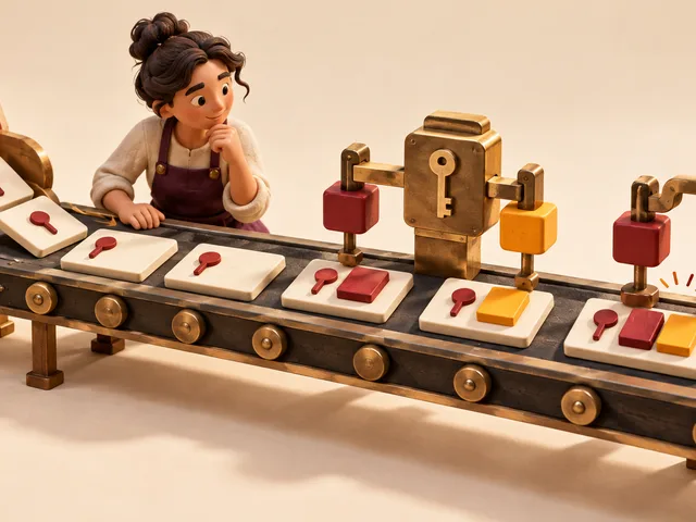 Illustration générée d’une opératrice miniature observant un convoyeur de fiches : à gauche, de nouvelles lignes sont ajoutées ; au centre, des blocs de couleur sont rattachés aux fiches par des clés correspondantes.