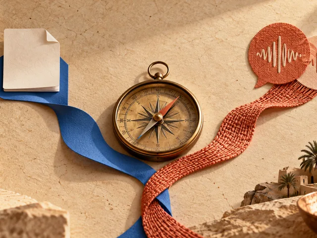 Collage tactile sur fond sable : une boussole en laiton relie un ruban bleu menant à un document vierge et un ruban corail menant à deux formes de conversation.