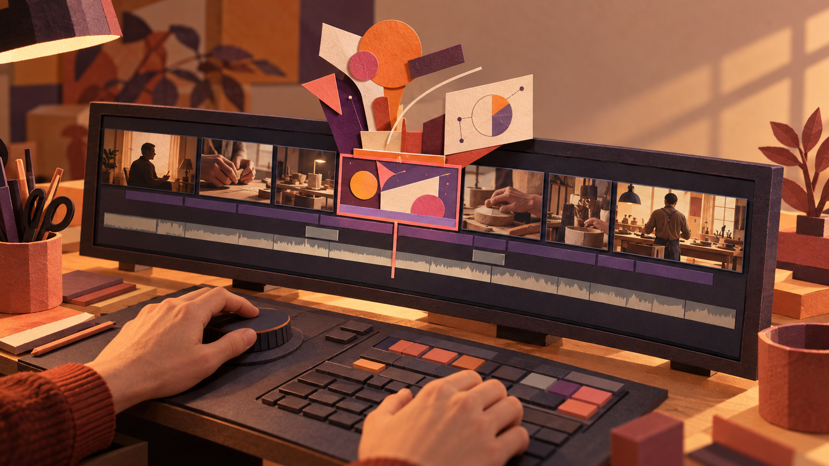 Illustration en papier découpé d’un poste de montage montrant une timeline de film avec une courte séquence graphique animée sélectionnée.
