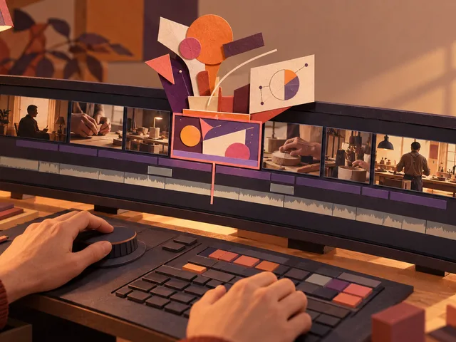Illustration en papier découpé d’un poste de montage montrant une timeline de film avec une courte séquence graphique animée sélectionnée.