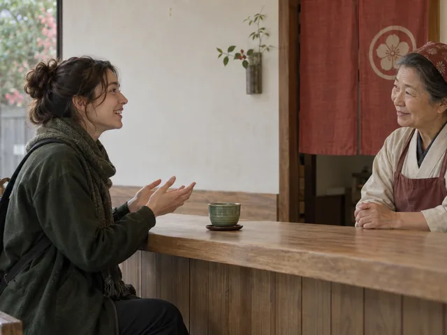 Illustration générée : une voyageuse souriante échange avec une commerçante japonaise derrière un comptoir, à côté d’une tasse verte.
