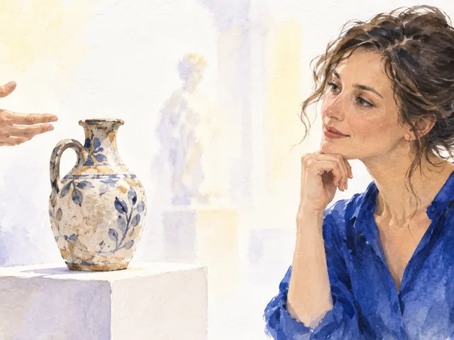 Illustration générée à l’aquarelle : une visiteuse en chemisier bleu écoute une explication devant une céramique, désignée par la main d’un guide.
