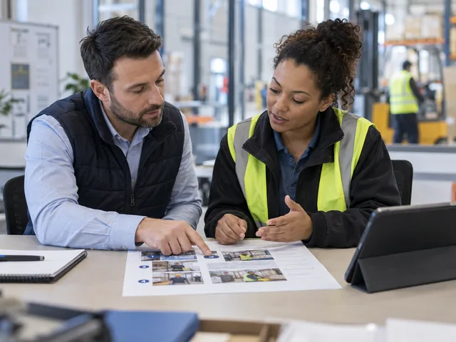 Un manager et une salariée examinent ensemble une procédure de travail dans un environnement logistique.