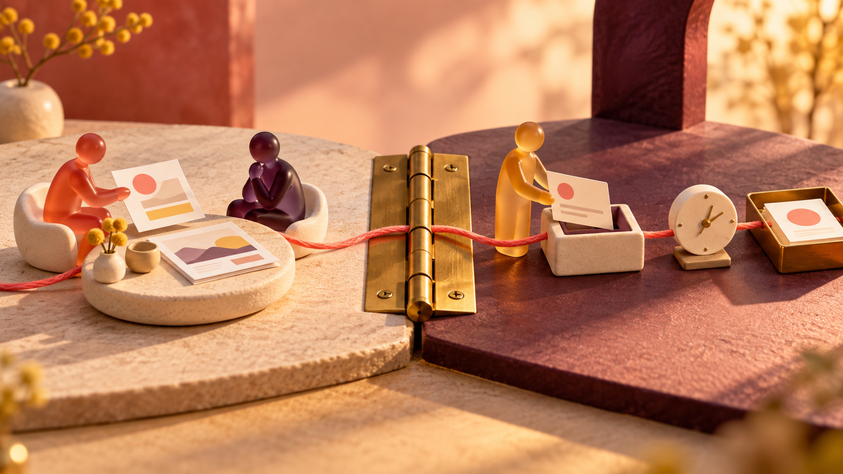 Photographie éditoriale d’un dispositif miniature où une proposition commerciale est discutée avant une charnière centrale, puis un dossier client est attribué et suivi par une horloge après l’engagement, le tout relié par un fil corail.