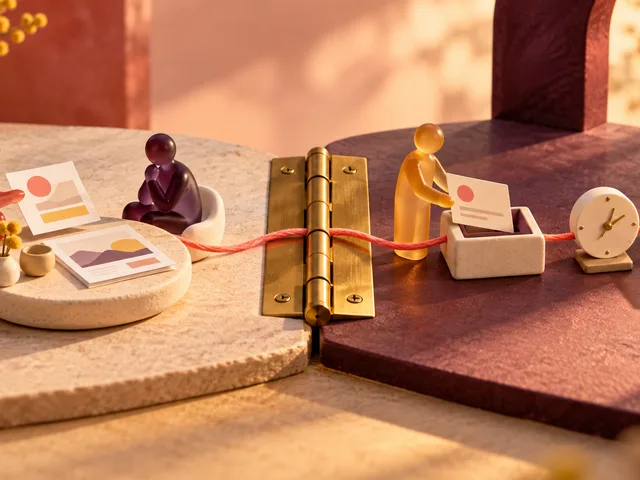Photographie éditoriale d’un dispositif miniature où une proposition commerciale est discutée avant une charnière centrale, puis un dossier client est attribué et suivi par une horloge après l’engagement, le tout relié par un fil corail.