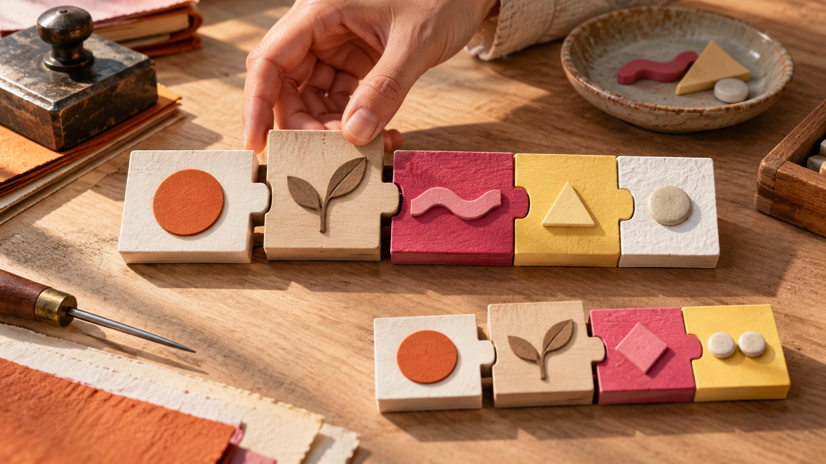 Illustration éditoriale d’une chaîne de modules en papier et bois : une main soulève le noyau central tandis que des extensions colorées restent emboîtées de chaque côté.