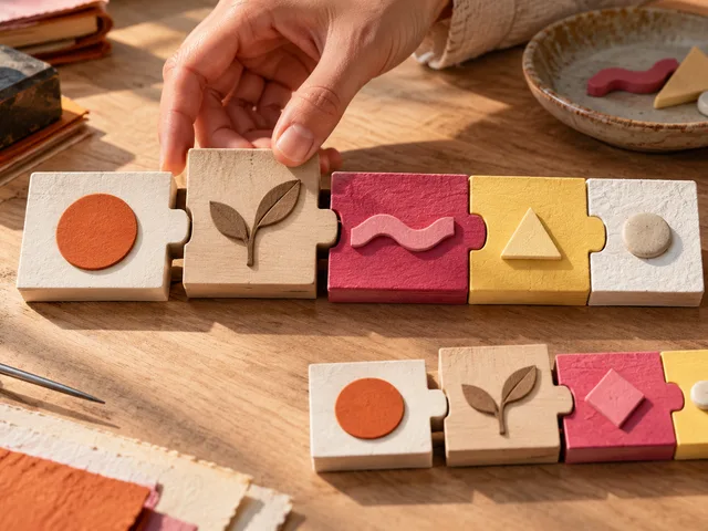 Illustration éditoriale d’une chaîne de modules en papier et bois : une main soulève le noyau central tandis que des extensions colorées restent emboîtées de chaque côté.