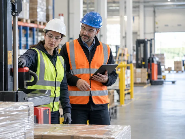 Une salariée montre un point d’arrêt sur un équipement logistique pendant qu’un tuteur observe avec une tablette.