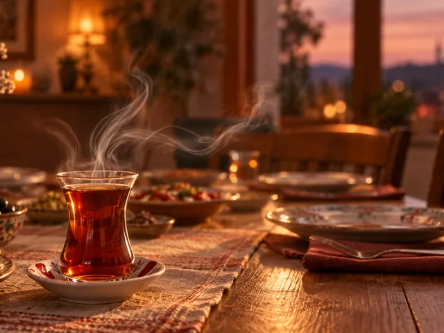 Mise en scène générée par IA : un verre de thé turc fumant au premier plan d’une table familiale dressée, éclairée par une lumière chaude de fin de journée.