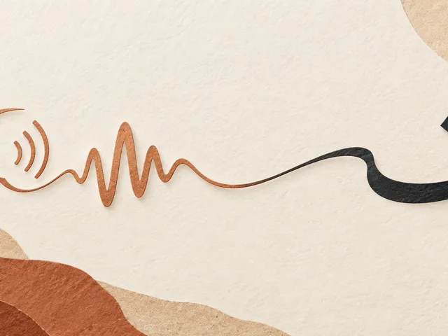 Illustration générée en papier découpé : une lettre arabe noire devient une onde sonore cuivrée puis une bulle de parole.